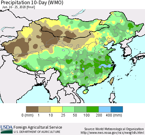 China, Mongolia and Taiwan Precipitation 10-Day (WMO) Thematic Map For 6/16/2020 - 6/25/2020