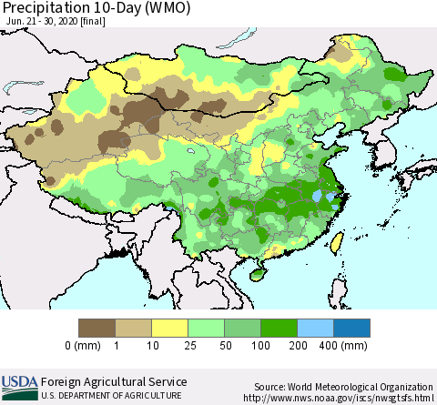 China, Mongolia and Taiwan Precipitation 10-Day (WMO) Thematic Map For 6/21/2020 - 6/30/2020