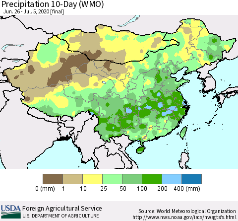 China, Mongolia and Taiwan Precipitation 10-Day (WMO) Thematic Map For 6/26/2020 - 7/5/2020