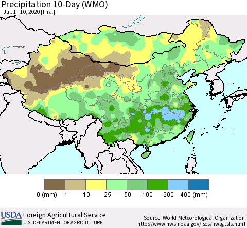 China, Mongolia and Taiwan Precipitation 10-Day (WMO) Thematic Map For 7/1/2020 - 7/10/2020