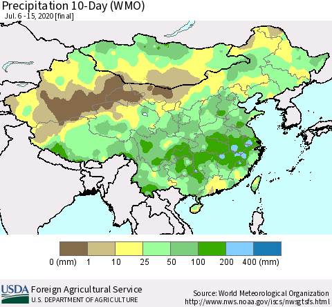 China, Mongolia and Taiwan Precipitation 10-Day (WMO) Thematic Map For 7/6/2020 - 7/15/2020