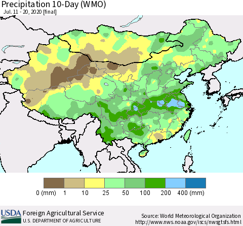 China, Mongolia and Taiwan Precipitation 10-Day (WMO) Thematic Map For 7/11/2020 - 7/20/2020