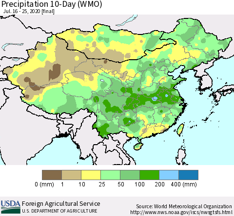 China, Mongolia and Taiwan Precipitation 10-Day (WMO) Thematic Map For 7/16/2020 - 7/25/2020