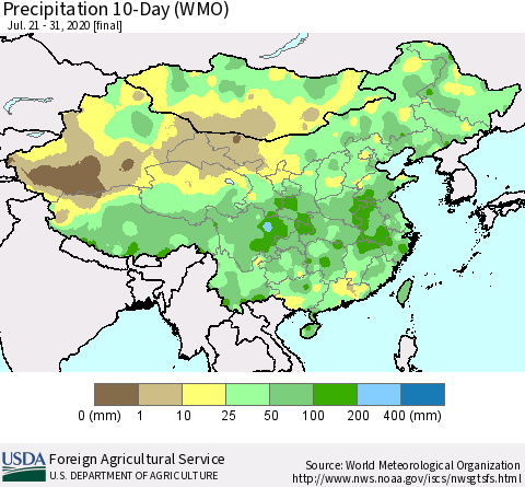 China, Mongolia and Taiwan Precipitation 10-Day (WMO) Thematic Map For 7/21/2020 - 7/31/2020