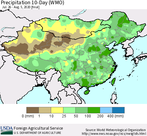 China, Mongolia and Taiwan Precipitation 10-Day (WMO) Thematic Map For 7/26/2020 - 8/5/2020
