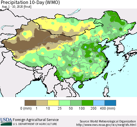 China, Mongolia and Taiwan Precipitation 10-Day (WMO) Thematic Map For 8/1/2020 - 8/10/2020