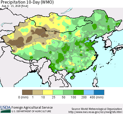 China, Mongolia and Taiwan Precipitation 10-Day (WMO) Thematic Map For 8/6/2020 - 8/15/2020