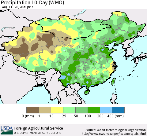 China, Mongolia and Taiwan Precipitation 10-Day (WMO) Thematic Map For 8/11/2020 - 8/20/2020