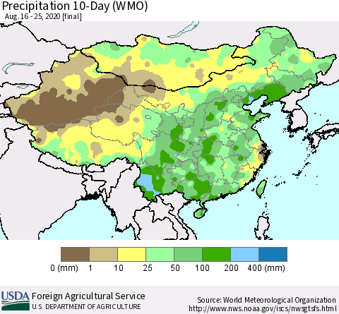 China, Mongolia and Taiwan Precipitation 10-Day (WMO) Thematic Map For 8/16/2020 - 8/25/2020
