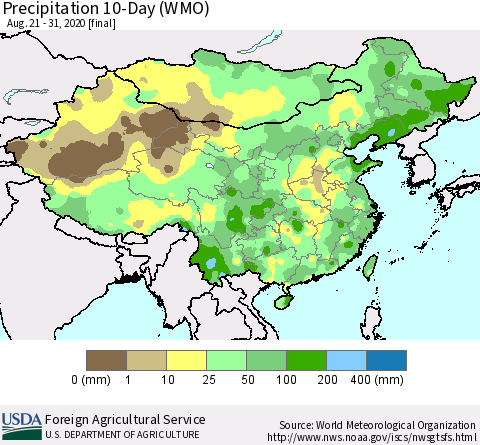 China, Mongolia and Taiwan Precipitation 10-Day (WMO) Thematic Map For 8/21/2020 - 8/31/2020