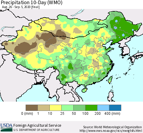 China, Mongolia and Taiwan Precipitation 10-Day (WMO) Thematic Map For 8/26/2020 - 9/5/2020