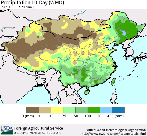 China, Mongolia and Taiwan Precipitation 10-Day (WMO) Thematic Map For 9/1/2020 - 9/10/2020