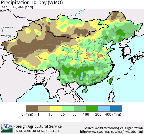China, Mongolia and Taiwan Precipitation 10-Day (WMO) Thematic Map For 9/6/2020 - 9/15/2020