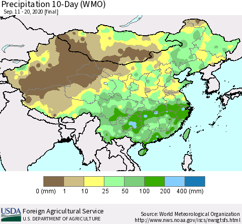 China, Mongolia and Taiwan Precipitation 10-Day (WMO) Thematic Map For 9/11/2020 - 9/20/2020
