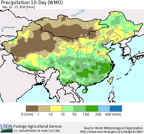 China, Mongolia and Taiwan Precipitation 10-Day (WMO) Thematic Map For 9/16/2020 - 9/25/2020