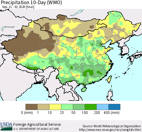 China, Mongolia and Taiwan Precipitation 10-Day (WMO) Thematic Map For 9/21/2020 - 9/30/2020
