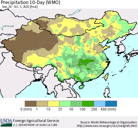 China, Mongolia and Taiwan Precipitation 10-Day (WMO) Thematic Map For 9/26/2020 - 10/5/2020