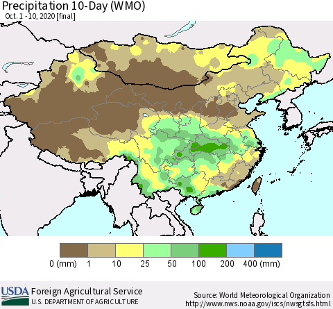 China, Mongolia and Taiwan Precipitation 10-Day (WMO) Thematic Map For 10/1/2020 - 10/10/2020
