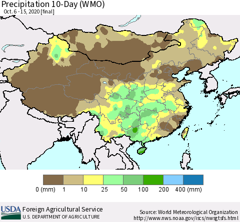 China, Mongolia and Taiwan Precipitation 10-Day (WMO) Thematic Map For 10/6/2020 - 10/15/2020