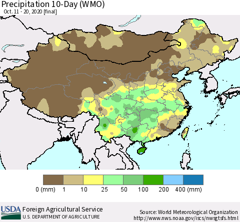 China, Mongolia and Taiwan Precipitation 10-Day (WMO) Thematic Map For 10/11/2020 - 10/20/2020