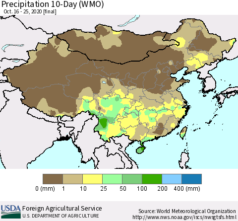 China, Mongolia and Taiwan Precipitation 10-Day (WMO) Thematic Map For 10/16/2020 - 10/25/2020