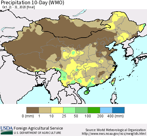China, Mongolia and Taiwan Precipitation 10-Day (WMO) Thematic Map For 10/21/2020 - 10/31/2020