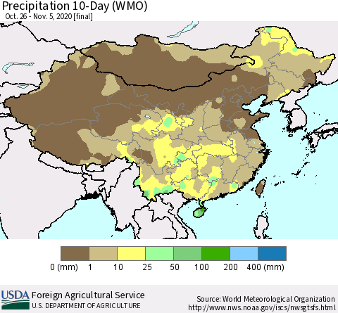 China, Mongolia and Taiwan Precipitation 10-Day (WMO) Thematic Map For 10/26/2020 - 11/5/2020