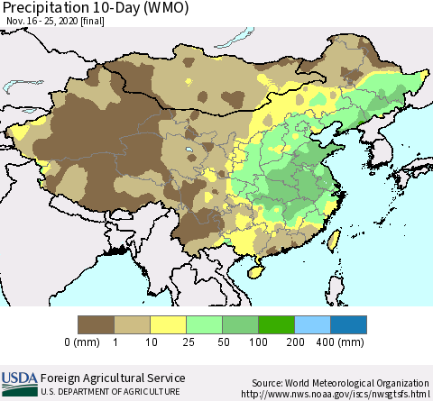 China, Mongolia and Taiwan Precipitation 10-Day (WMO) Thematic Map For 11/16/2020 - 11/25/2020