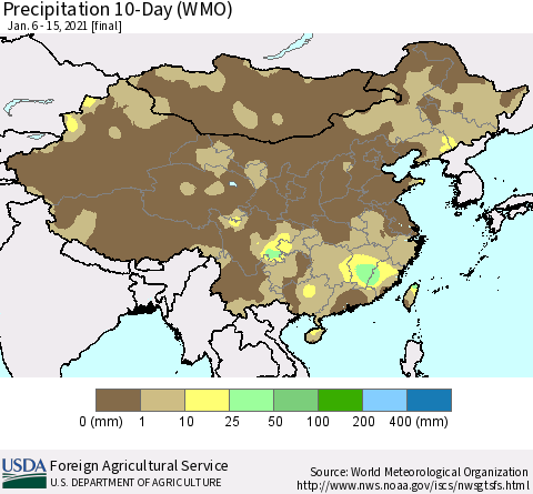 China, Mongolia and Taiwan Precipitation 10-Day (WMO) Thematic Map For 1/6/2021 - 1/15/2021