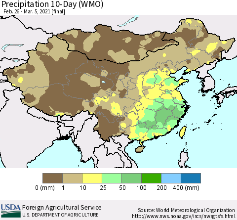 China, Mongolia and Taiwan Precipitation 10-Day (WMO) Thematic Map For 2/26/2021 - 3/5/2021