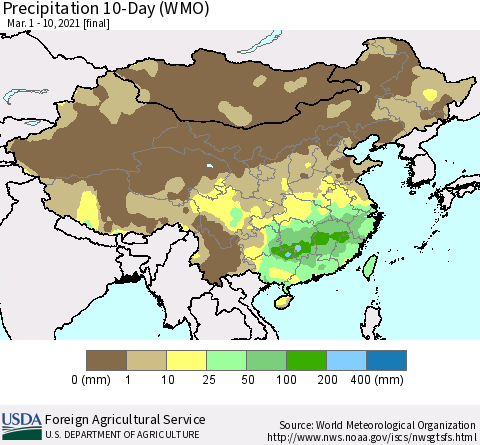 China, Mongolia and Taiwan Precipitation 10-Day (WMO) Thematic Map For 3/1/2021 - 3/10/2021