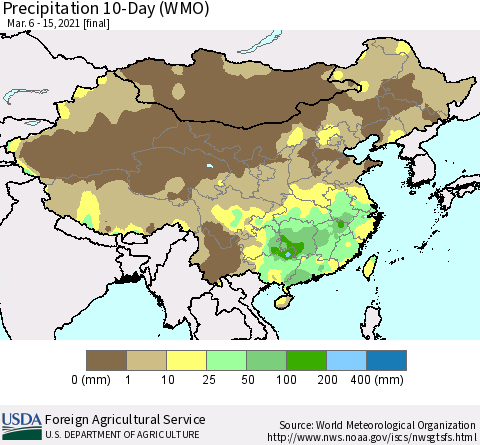 China, Mongolia and Taiwan Precipitation 10-Day (WMO) Thematic Map For 3/6/2021 - 3/15/2021