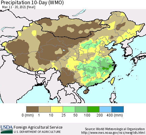 China, Mongolia and Taiwan Precipitation 10-Day (WMO) Thematic Map For 3/11/2021 - 3/20/2021