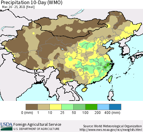 China, Mongolia and Taiwan Precipitation 10-Day (WMO) Thematic Map For 3/16/2021 - 3/25/2021