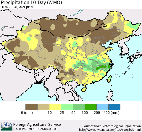 China, Mongolia and Taiwan Precipitation 10-Day (WMO) Thematic Map For 3/21/2021 - 3/31/2021