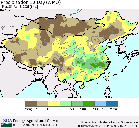 China, Mongolia and Taiwan Precipitation 10-Day (WMO) Thematic Map For 3/26/2021 - 4/5/2021