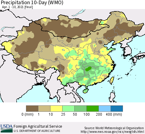 China, Mongolia and Taiwan Precipitation 10-Day (WMO) Thematic Map For 4/1/2021 - 4/10/2021