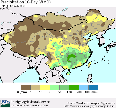 China, Mongolia and Taiwan Precipitation 10-Day (WMO) Thematic Map For 4/6/2021 - 4/15/2021