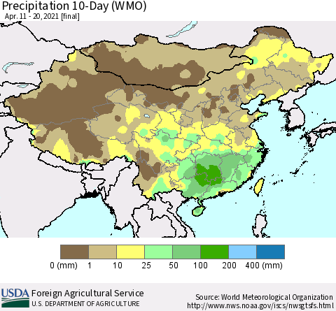 China, Mongolia and Taiwan Precipitation 10-Day (WMO) Thematic Map For 4/11/2021 - 4/20/2021