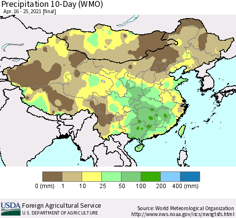China, Mongolia and Taiwan Precipitation 10-Day (WMO) Thematic Map For 4/16/2021 - 4/25/2021
