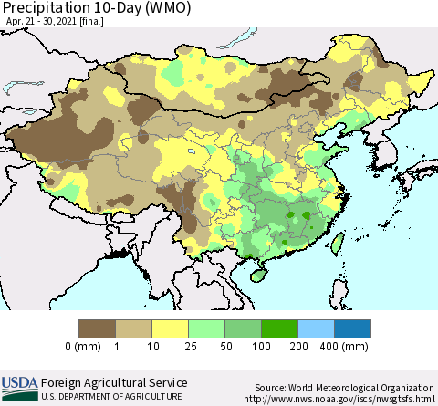 China, Mongolia and Taiwan Precipitation 10-Day (WMO) Thematic Map For 4/21/2021 - 4/30/2021