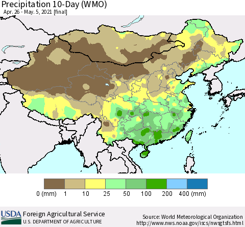 China, Mongolia and Taiwan Precipitation 10-Day (WMO) Thematic Map For 4/26/2021 - 5/5/2021