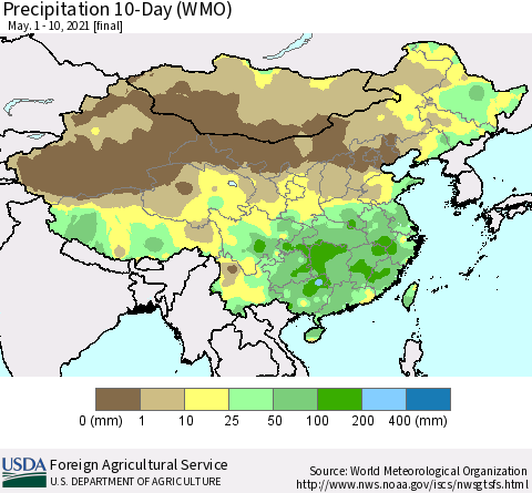 China, Mongolia and Taiwan Precipitation 10-Day (WMO) Thematic Map For 5/1/2021 - 5/10/2021