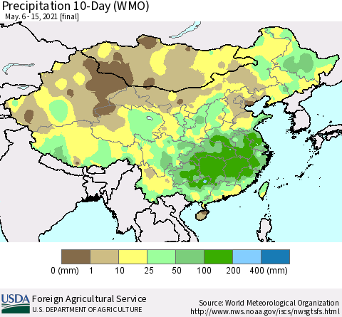 China, Mongolia and Taiwan Precipitation 10-Day (WMO) Thematic Map For 5/6/2021 - 5/15/2021