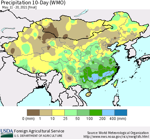 China, Mongolia and Taiwan Precipitation 10-Day (WMO) Thematic Map For 5/11/2021 - 5/20/2021