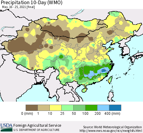 China, Mongolia and Taiwan Precipitation 10-Day (WMO) Thematic Map For 5/16/2021 - 5/25/2021