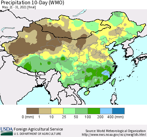 China, Mongolia and Taiwan Precipitation 10-Day (WMO) Thematic Map For 5/21/2021 - 5/31/2021