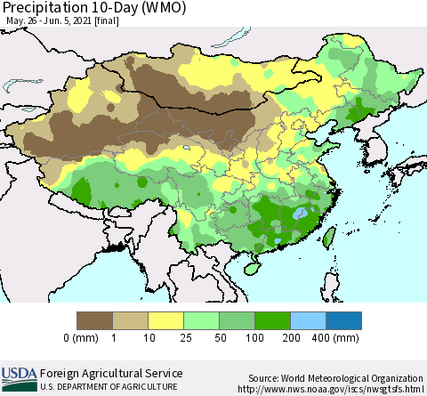 China, Mongolia and Taiwan Precipitation 10-Day (WMO) Thematic Map For 5/26/2021 - 6/5/2021