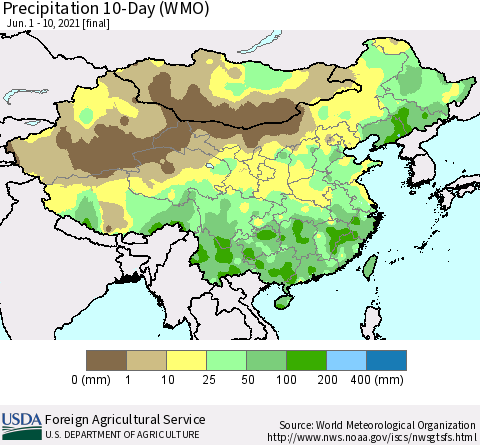 China, Mongolia and Taiwan Precipitation 10-Day (WMO) Thematic Map For 6/1/2021 - 6/10/2021