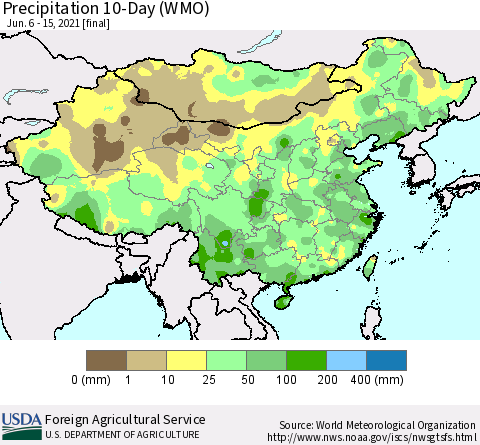 China, Mongolia and Taiwan Precipitation 10-Day (WMO) Thematic Map For 6/6/2021 - 6/15/2021